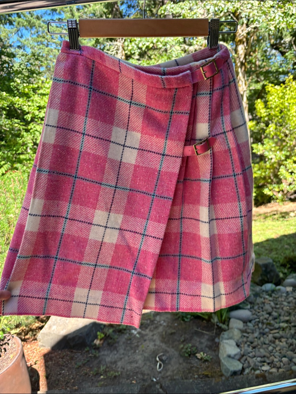 Vintage Pink Plaid Wool Union made Mini Skirtwith buckles gold and pink